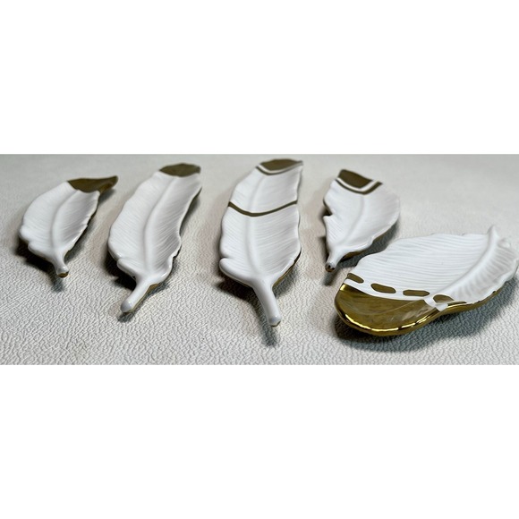 Set of 5 Porcelain Feather Wall Hangings White‎ & Gold Ceramic Boho Decor - Picture 3 of 10